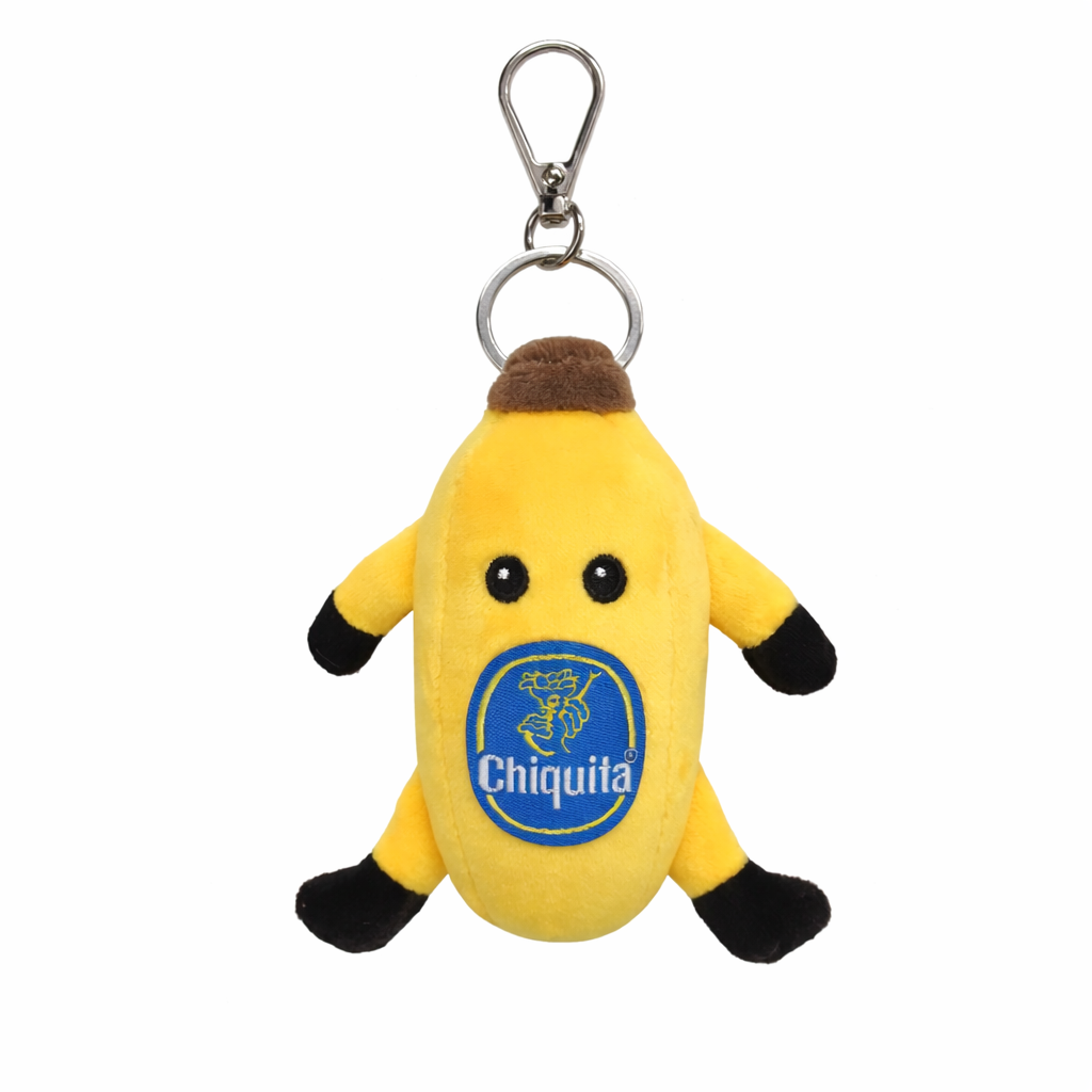 Custom banana plush keychain with embroidered logo and hanging loop