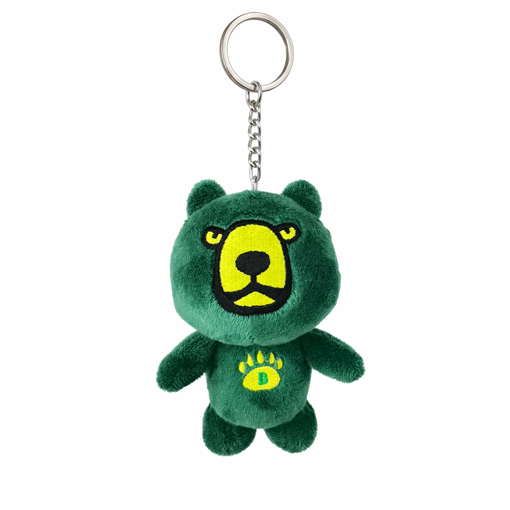 Custom green bear plush keychain with embroidered face and metal ring