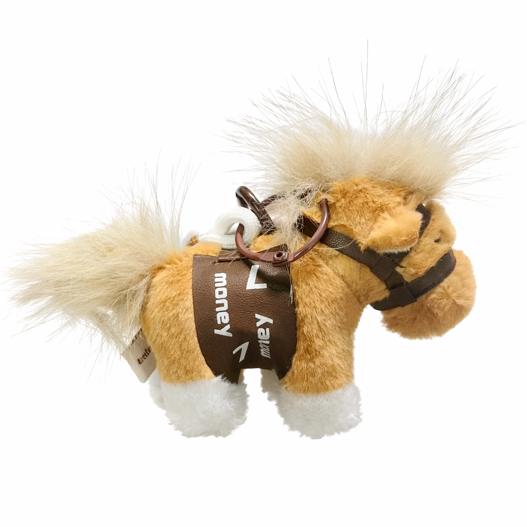 Custom horse plush keychain with fluffy mane and branded saddle
