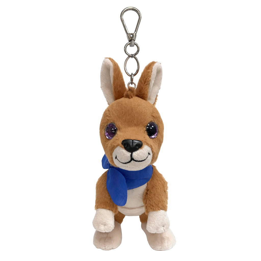 Custom kangaroo plush keychain with blue scarf and metal clip