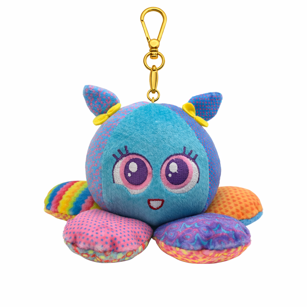 Custom colorful octopus plush keychain with rainbow wings and gold clip