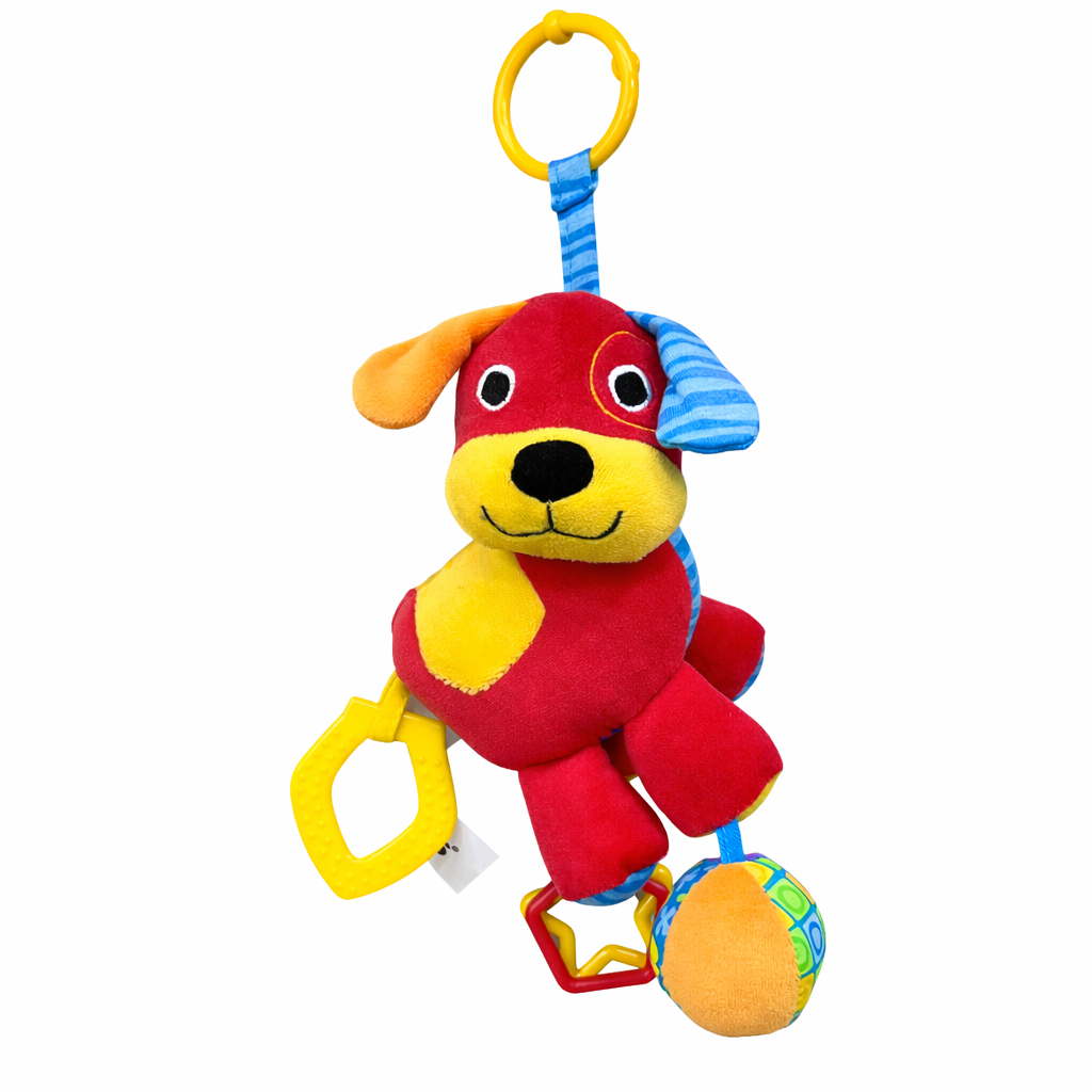 custom baby hanging soft toy dog with teether ring and sensory ball