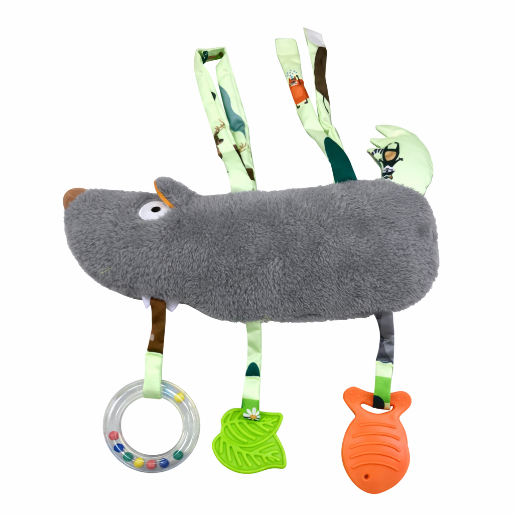 custom baby sensory soft toy with teether, rattle and hanging ribbons