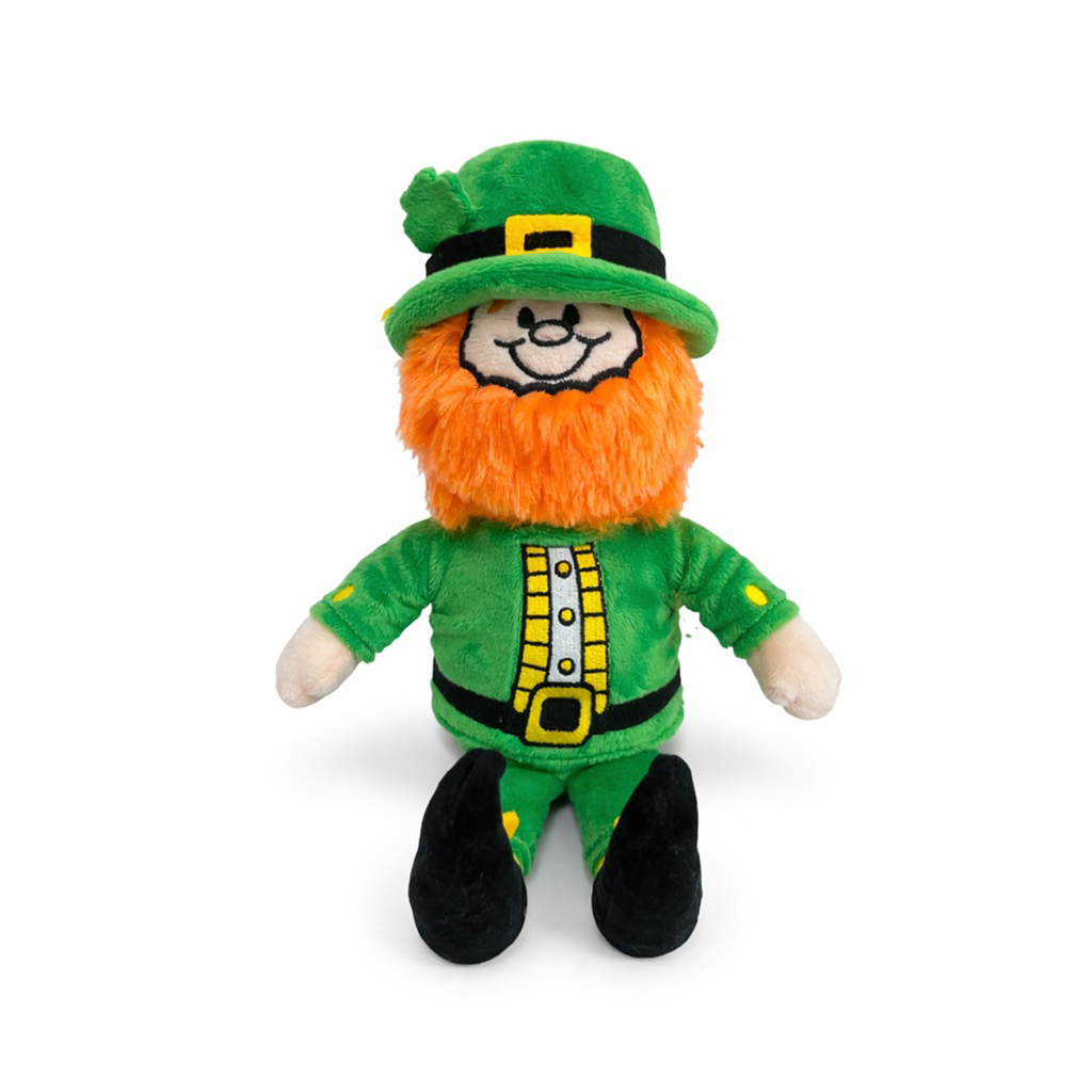 Promotional leprechaun plush toy wearing green outfit and orange beard