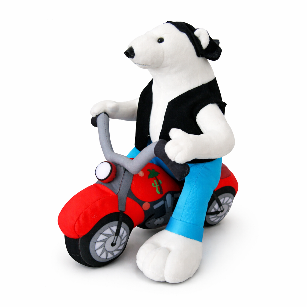 Promotional polar bear plush toy riding a red motorbike