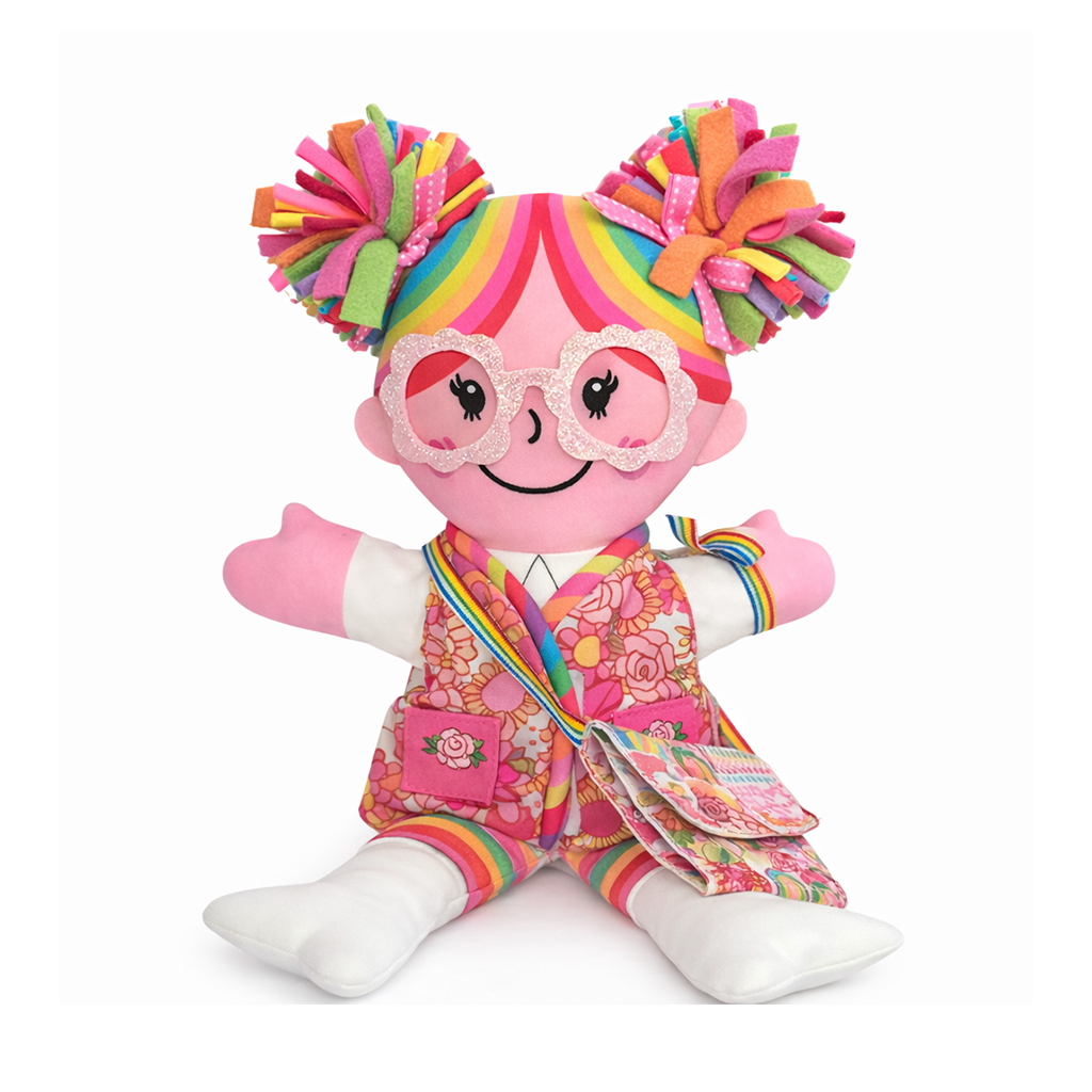 Promotional rainbow girl plush doll with colorful hair and glasses