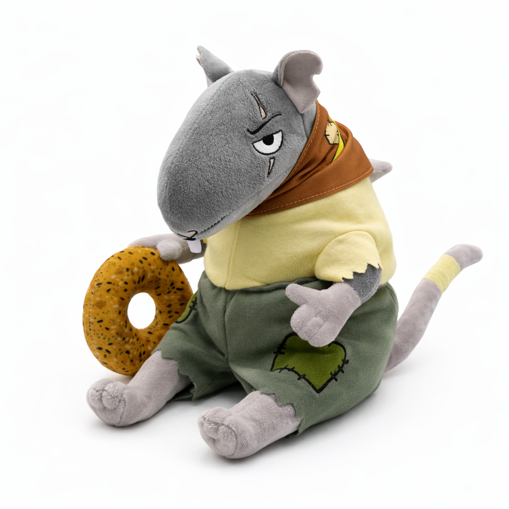 Gray promotional rat plush toy wearing clothes and holding a donut