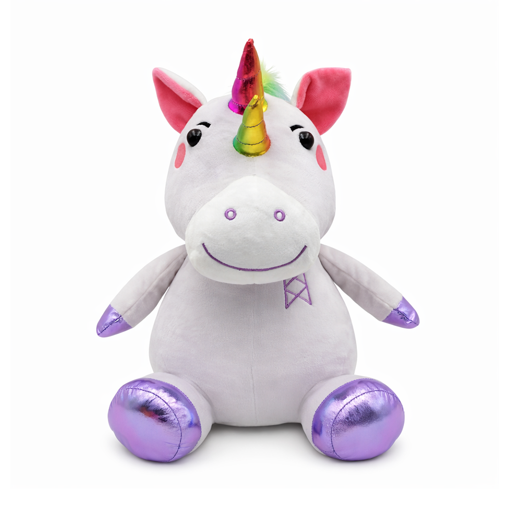 White promotional unicorn plush toy with rainbow horn and purple feet