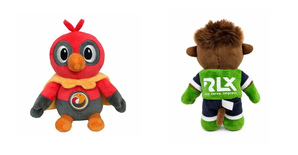 Comparison of printing and embroidery on custom plush toys, showing a printed logo on clothing and an embroidered belly logo.