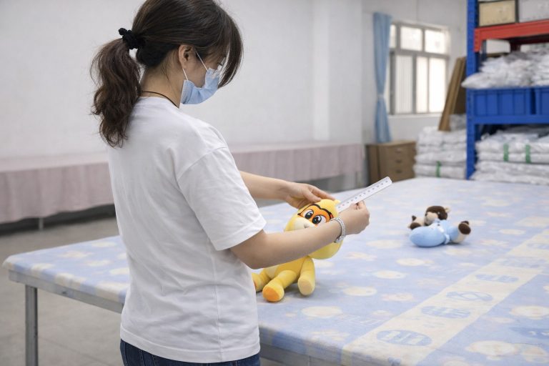 Quality inspection of a custom plush toy for appearance, shape, and size