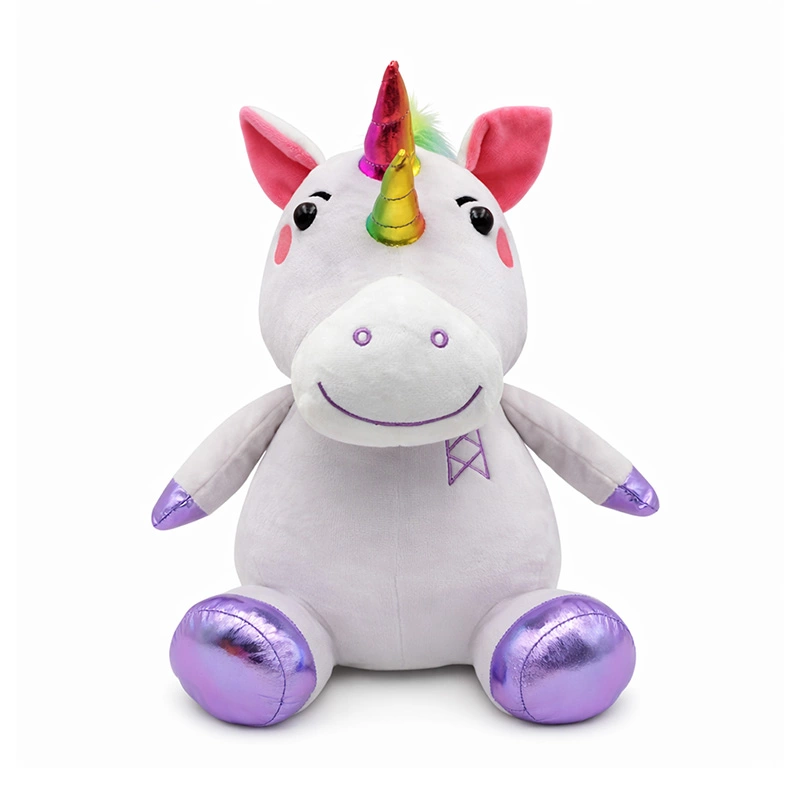 white promotional unicorn plush toy with rainbow horn and purple feet